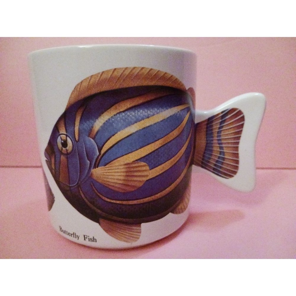 Butterfly Fish Coffee Mug Cup Fin-Shaped Handle White w/ Blue Orange Fish Design